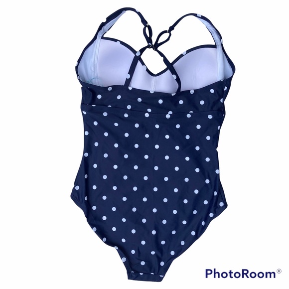 Kona Sol Swimsuit One Piece Size Medium 8-10 Polka Dot Navy And White Retro NWT - Picture 2 of 13